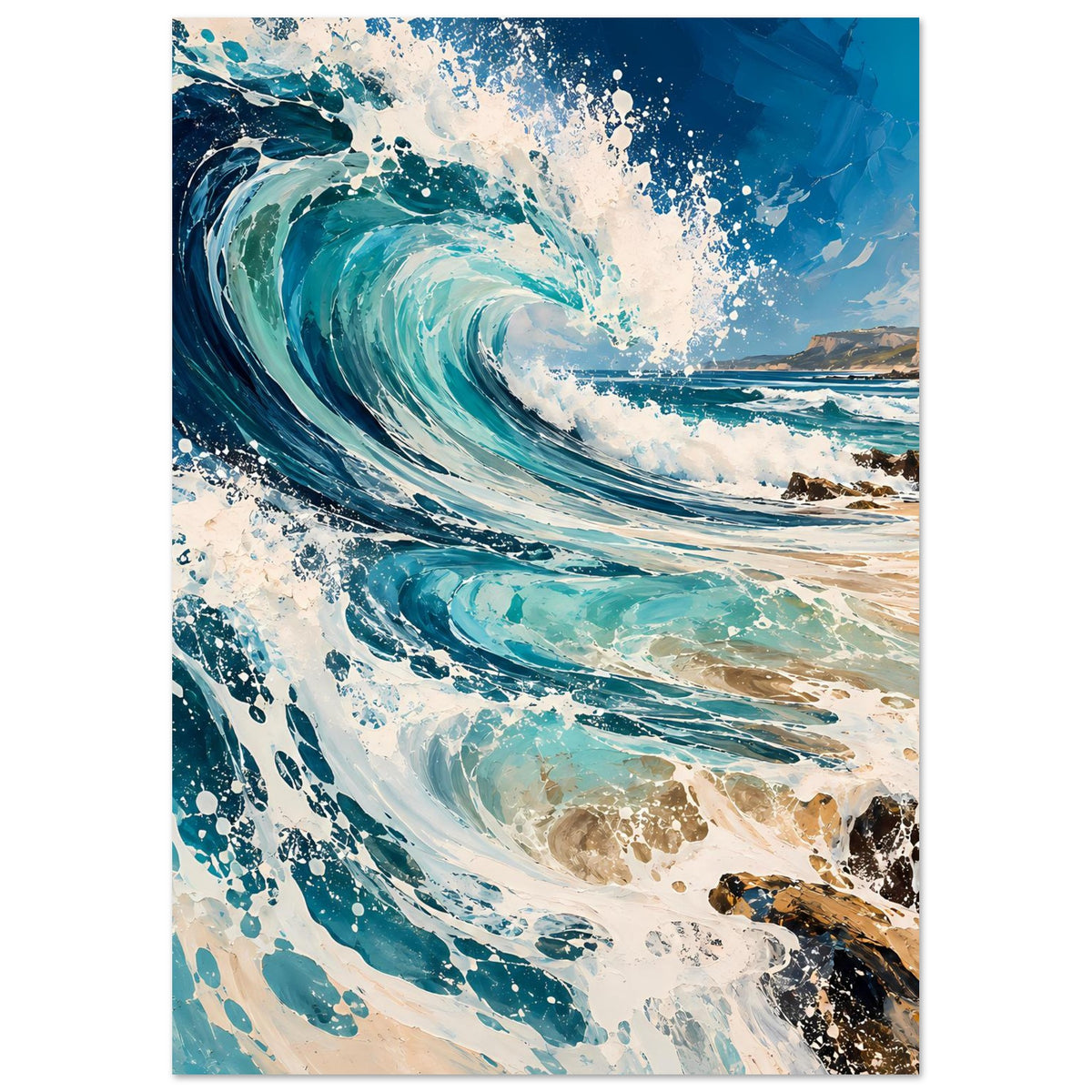 Vertikales Wellenkunst-Poster in Blau mit schäumendem Meer und Küstenfels