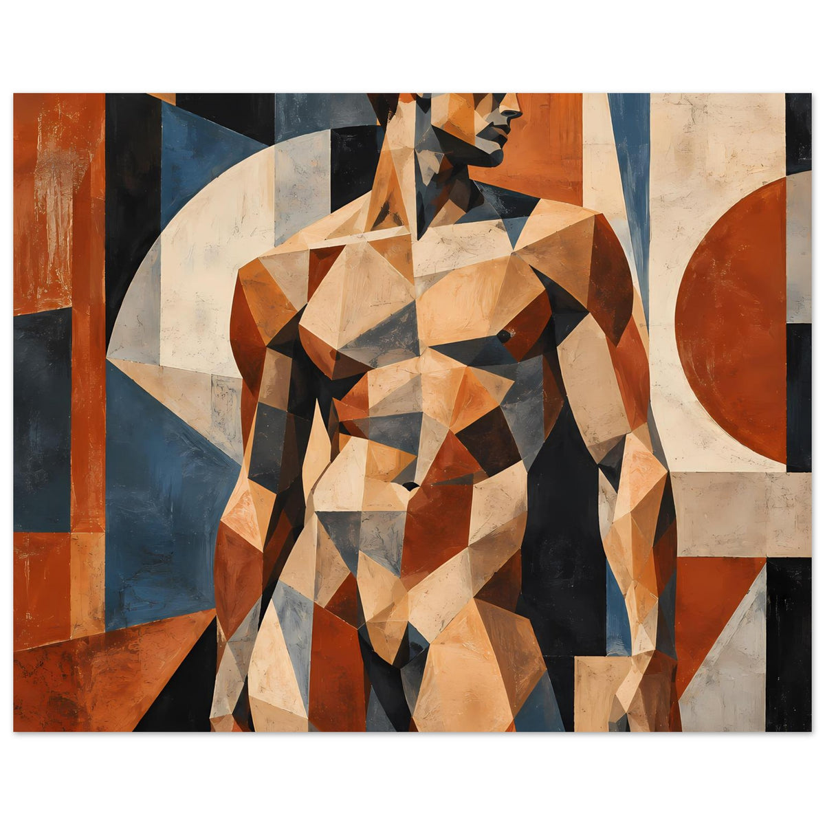 Kunstdruck mit geometrischer Aktfigur eines Mannes, warmes Erdtöne-Patchwork, frontal