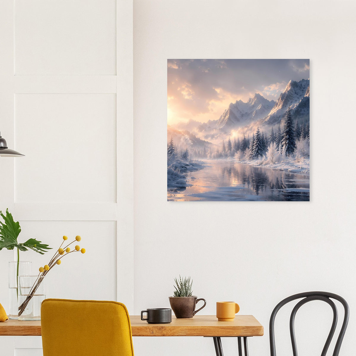 Quadratisches Poster mit Winterlandschaft: Bergmassiv, verschneite Tannen und spiegelndes Wasser