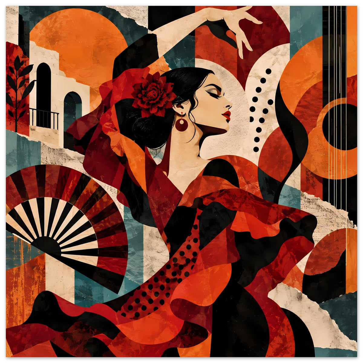 Ganzansicht Tanzposter mit Flamencotänzerin, Fächer, roter und schwarzer Ornamentik, orange Bögen