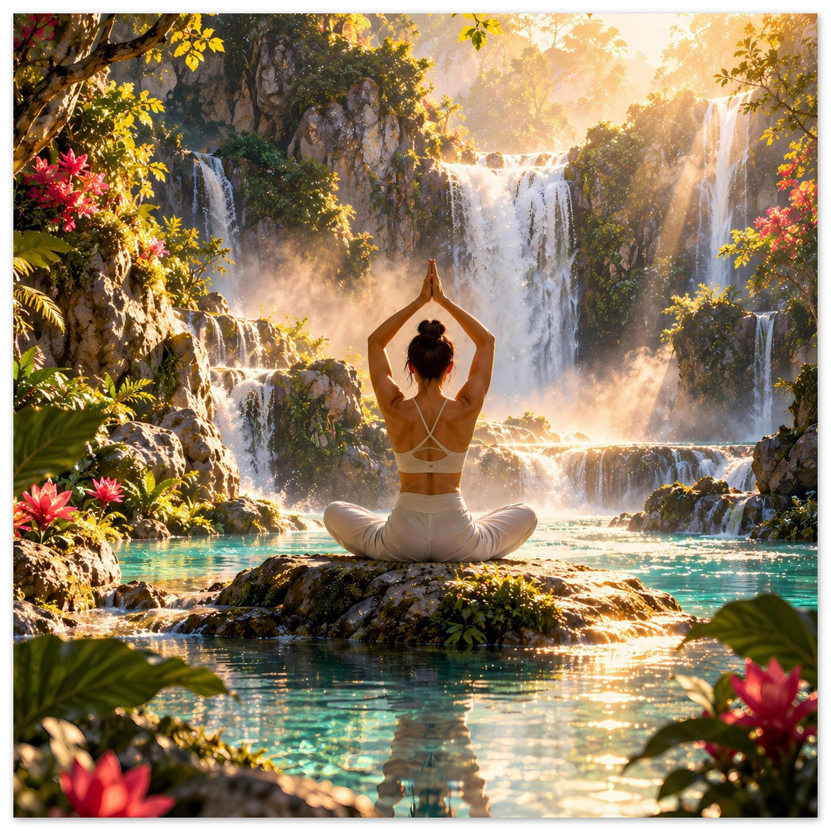Hochformatiges Yoga-Meditationsposter mit Frau im Lotussitz, umrahmt von Blumen und Wasserfällen
