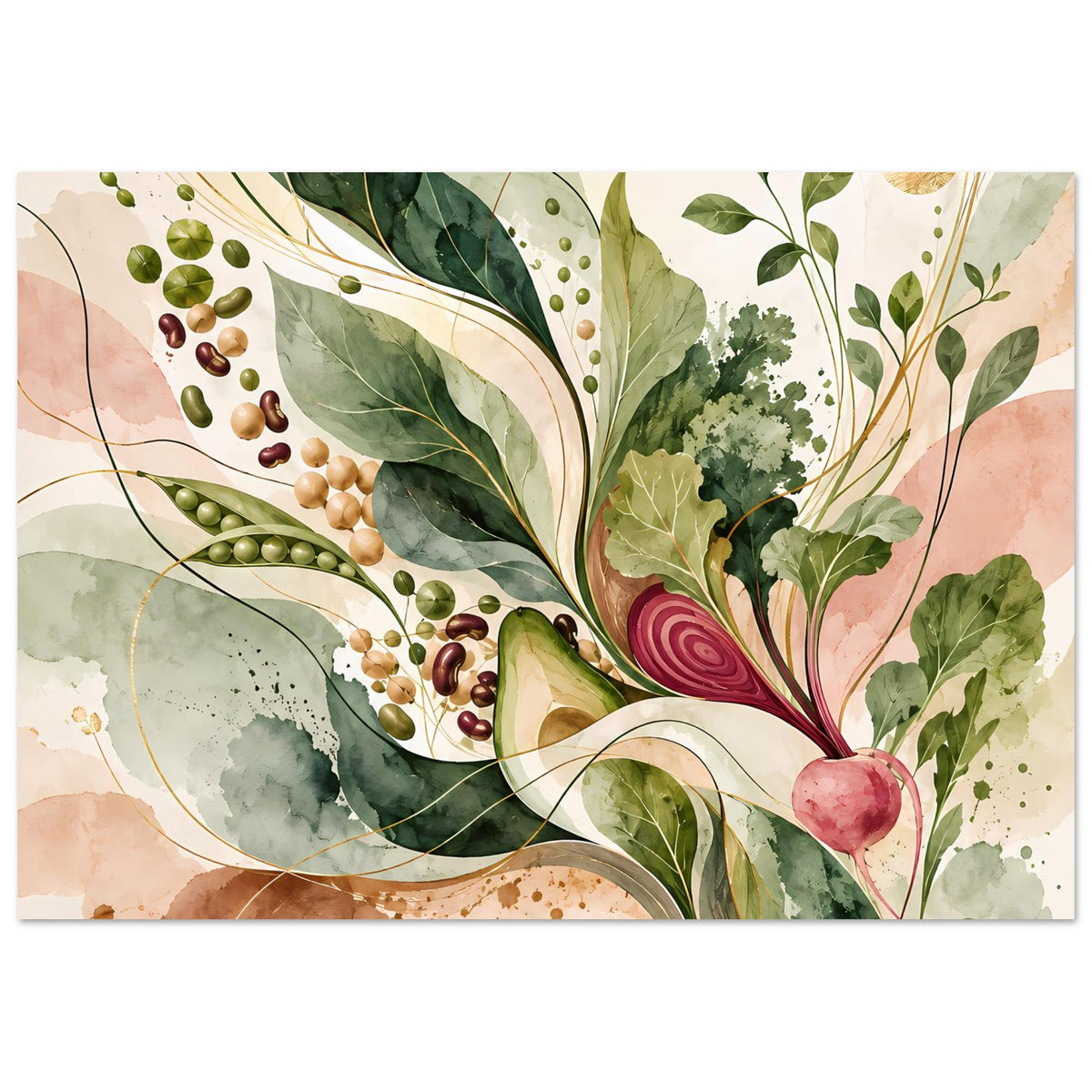 Naturposter mit botanischen Formen in Salbeigrün, Beige und Rosé, querformatig