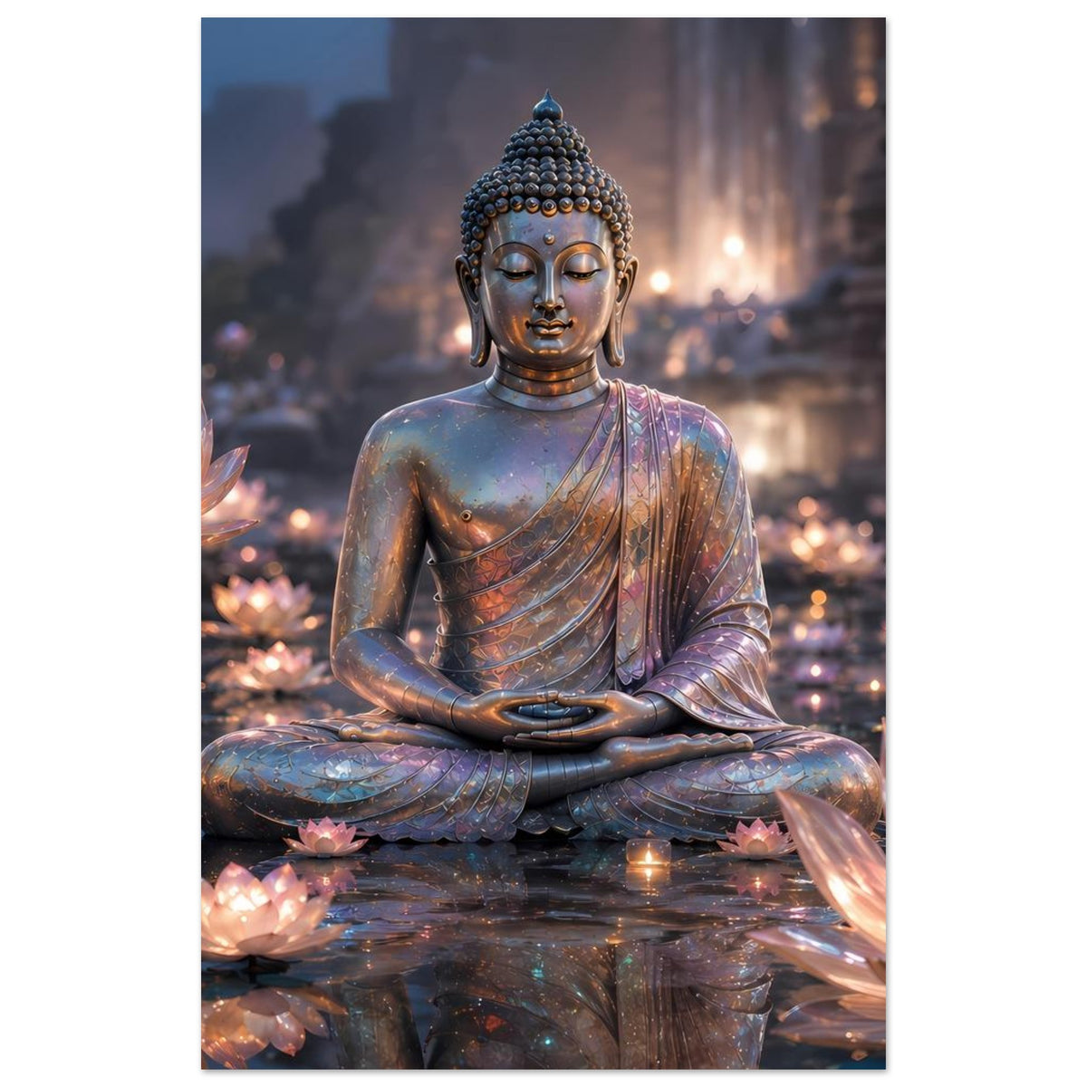 Vertikales Meditationsposter mit Kopf und Oberkörper eines Buddha und leuchtenden Lotusblüten