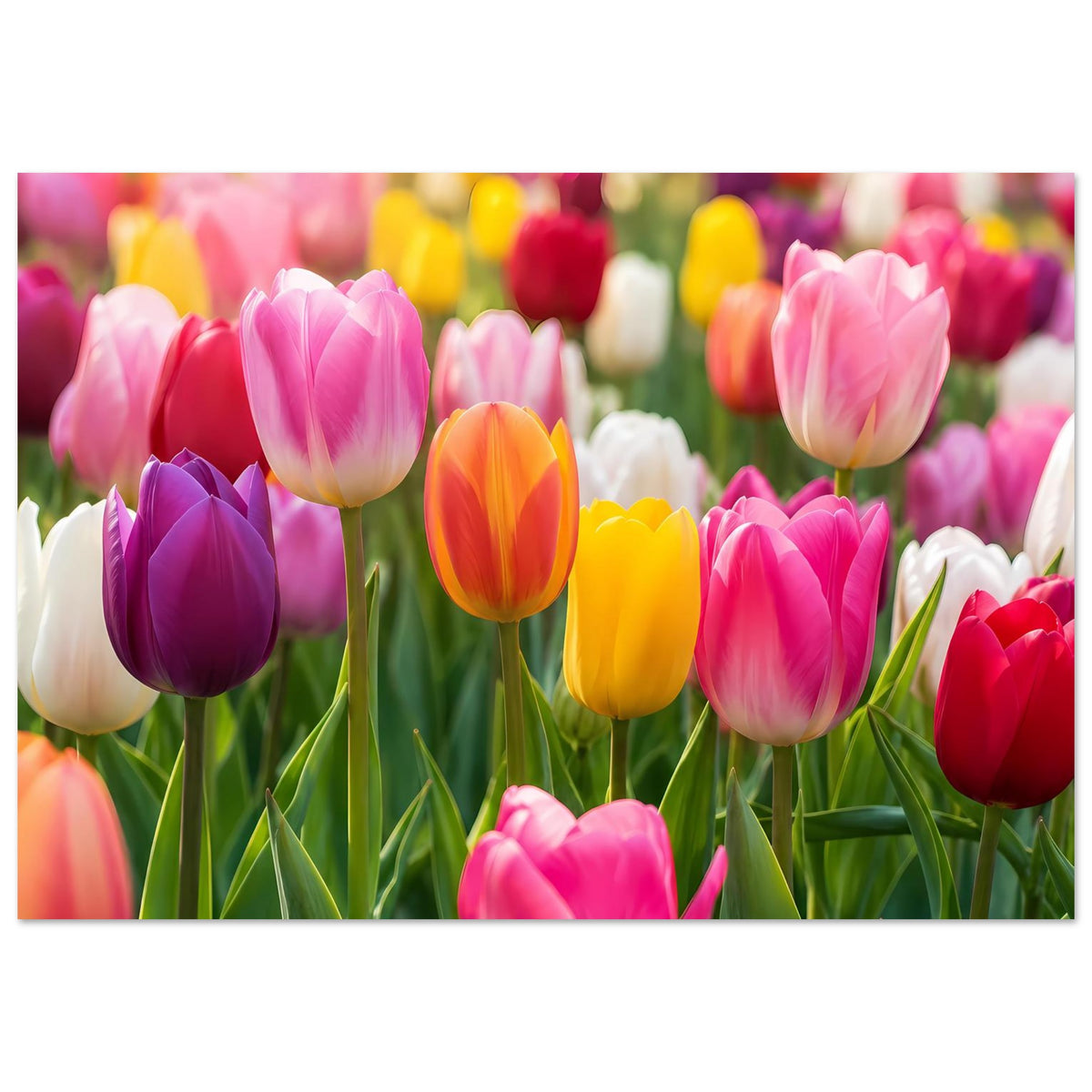 Tulpen-Gartenposter im Querformat mit vielen Tulpen in Pink, Violett und Gelb