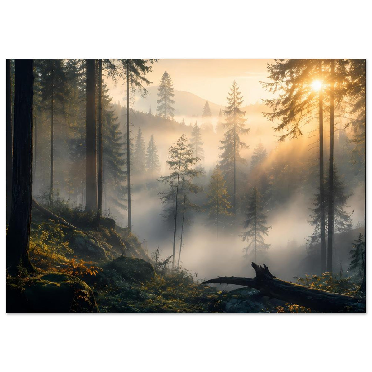 Wandposter Fichtenwald im Morgenlicht mit Nebel, Sonnenstrahlen und ruhigem Waldboden