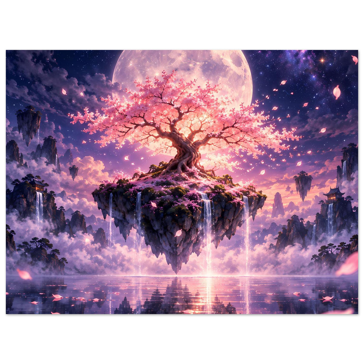 Querformat-Poster: Kirschblütenbaum auf Insel über Wasser, großer Mond und Wolken.