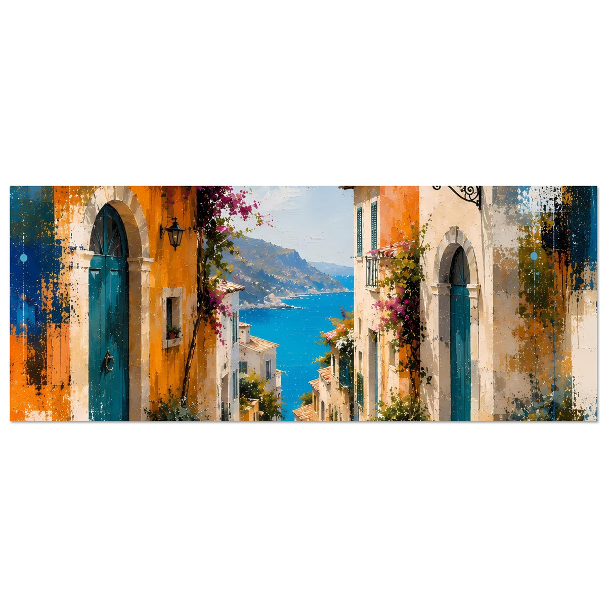 Kunstposter horizontal: mediterrane Gasse mit türkisblauen Türen, orange Wänden und Meer im Hintergrund