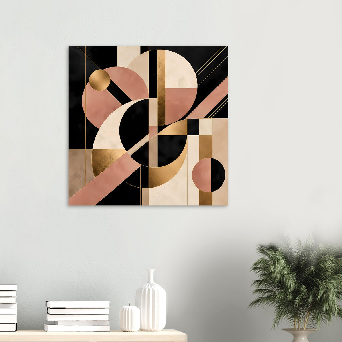 Abstrakter Art-Déco-Poster mit schwarzen, roséfarbenen und goldenen Geometrien