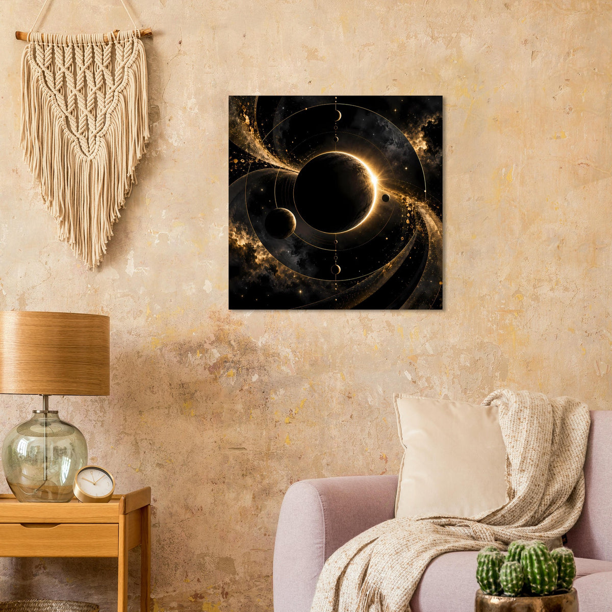 Quadratisches Weltraum-Poster mit dunklem Ringplanetensystem und goldfarbenem Glanz