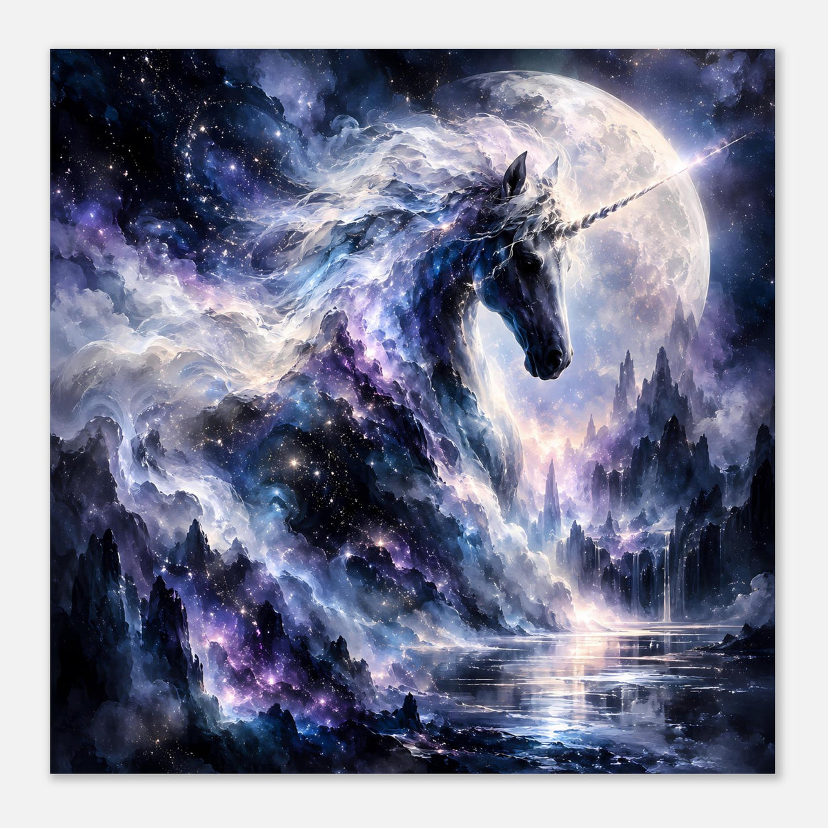 Quadratisches Poster mit galaktischem Einhorn, Mond und Sternen-Nebel