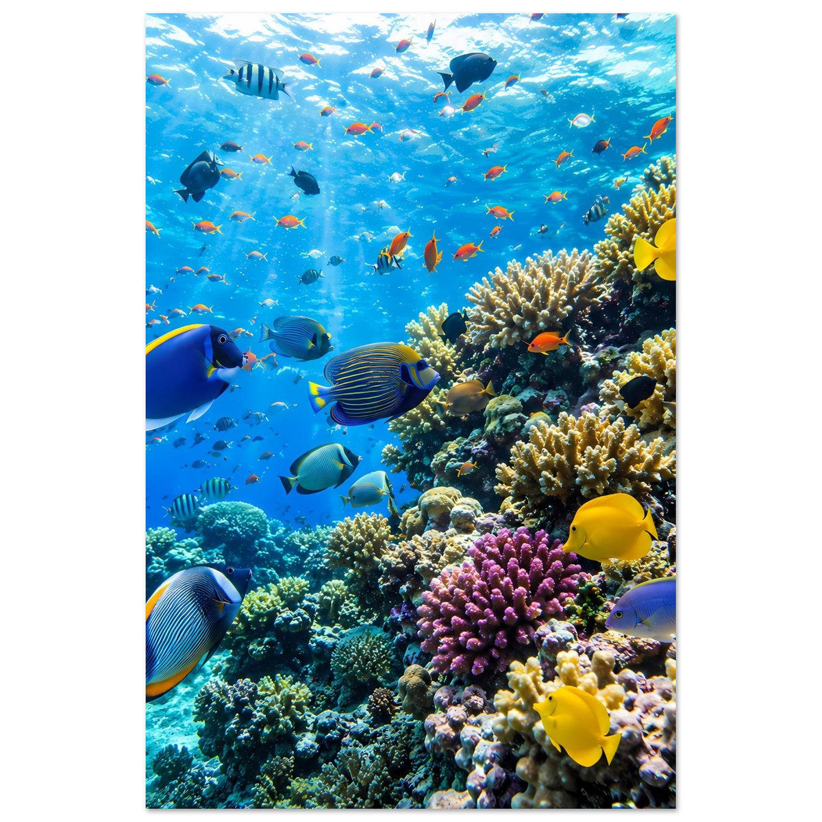 Unterwasser-Fischposter mit Korallenriff: große gelbe Fische und Korallen