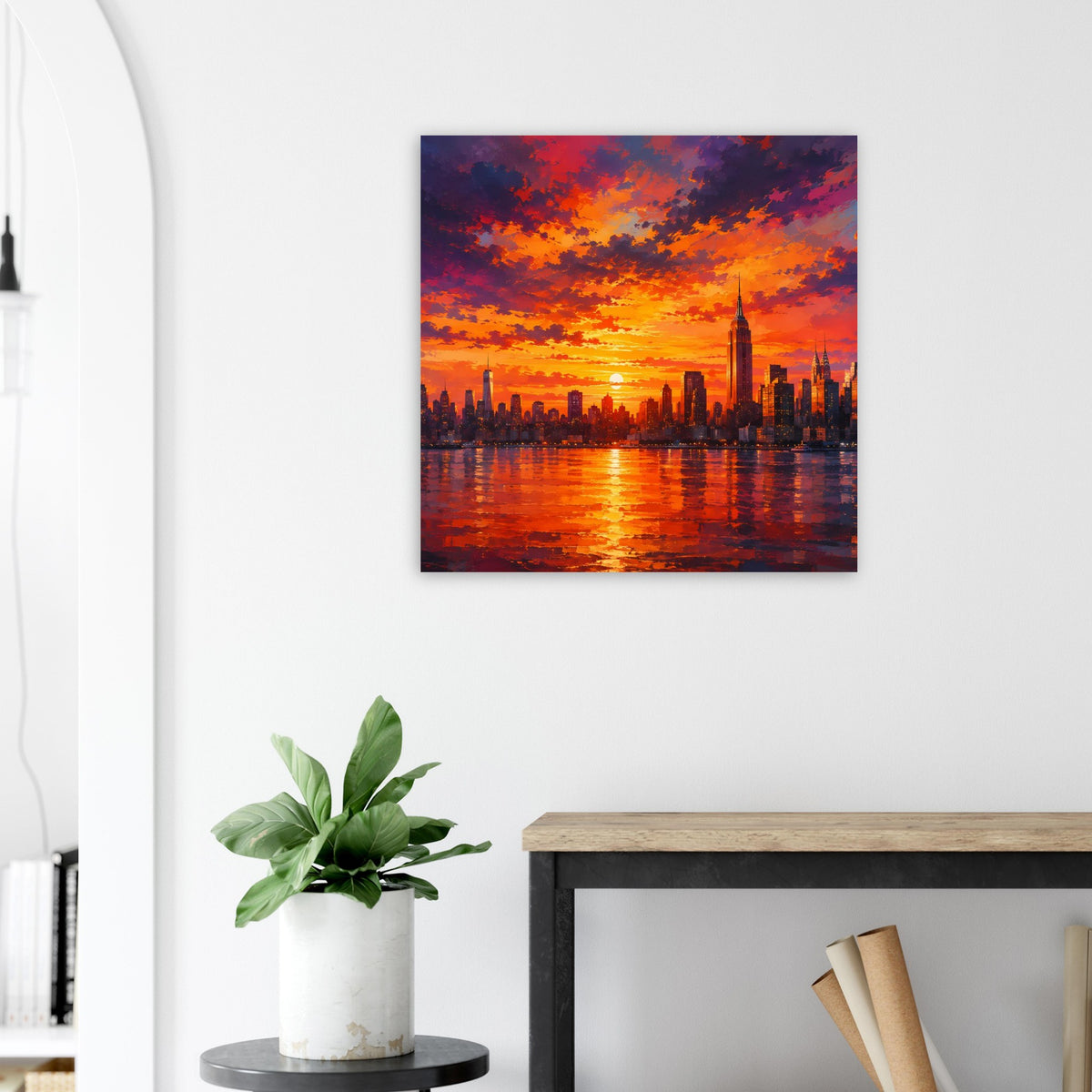 Quadratisches Stadtposter mit Sonnenuntergang über Wasser und Stadtumrissen, Reflexion, Rahmen