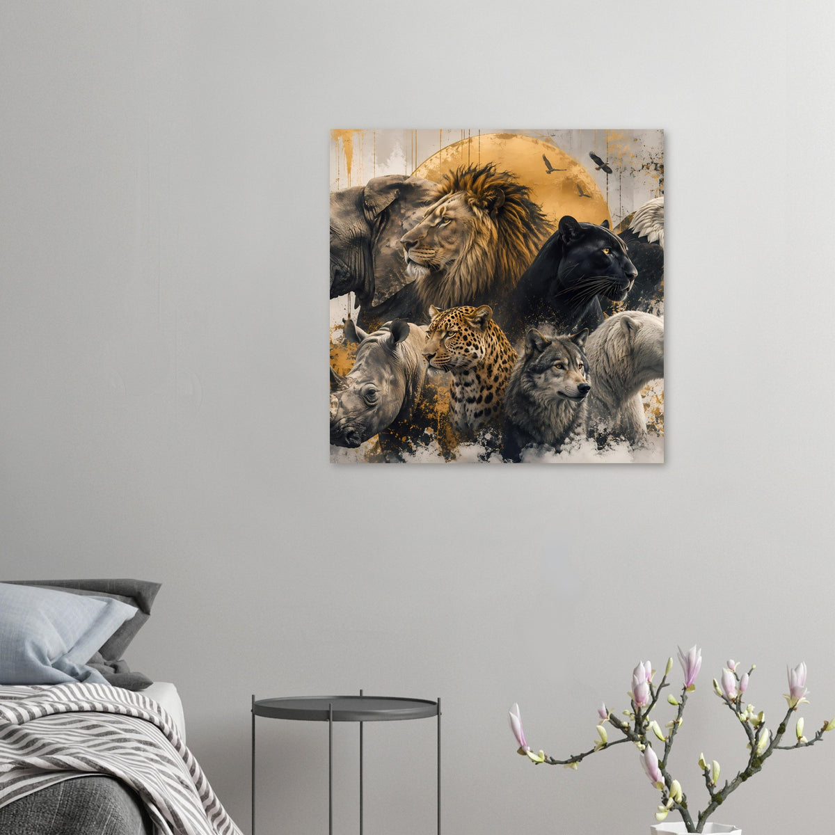 Kleines Wand-Poster mit Löwe und Panther, Leopard und grauen Wölfen in Gold/Schwarz