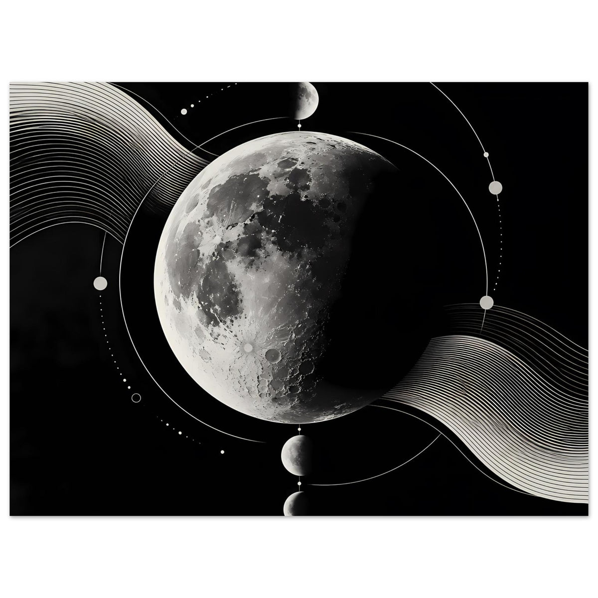 Hochformat-Poster mit Mondphasen: großer silbergrauer Mond, feine Kreise, Punkte und Wellen