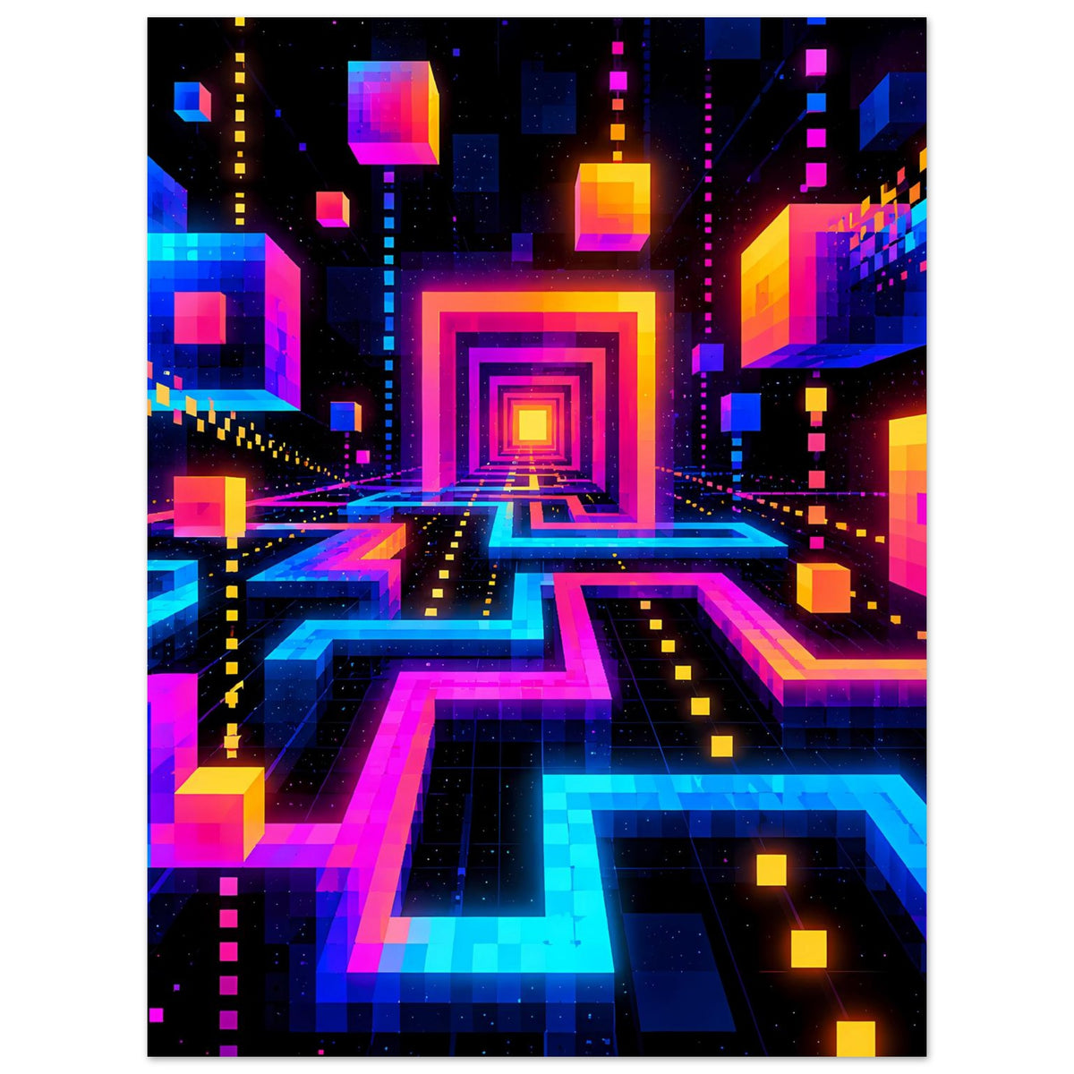 Poster mit digitalem Neon-Labyrinth und mehrfarbigen Treppenwegen in Blau und Pink