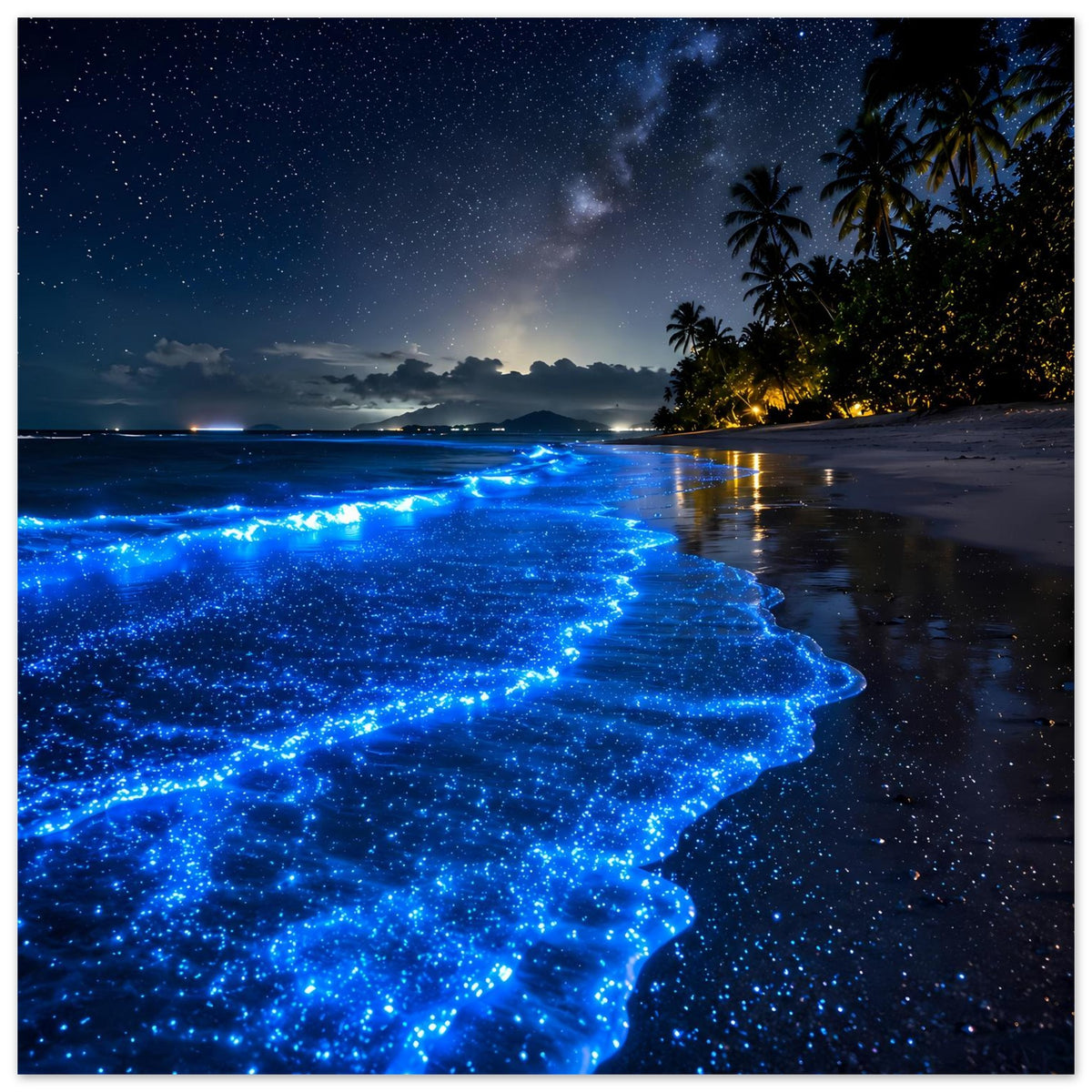 Poster mit leuchtenden blauen Meereswellen am tropischen Strand bei Nacht
