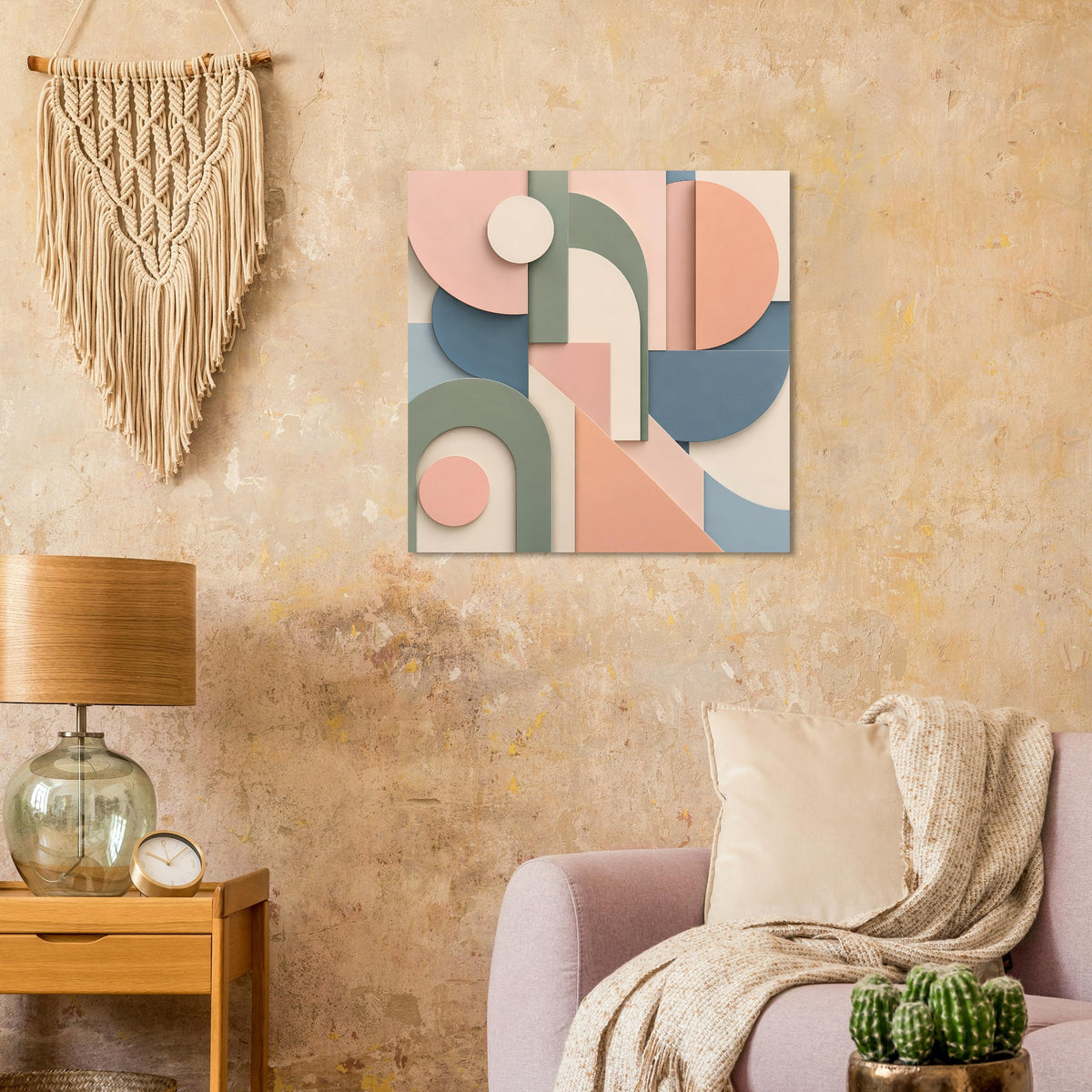 Abstraktes Kunstposter mit überlappenden Kreisen, Bögen und Blockformen in Terrakotta und Salbeigrün