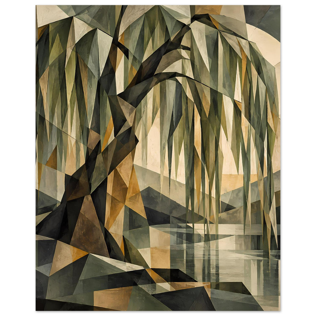 Geometrisches Poster mit Baum links betont, Dreiecksformen in Grün und Beige