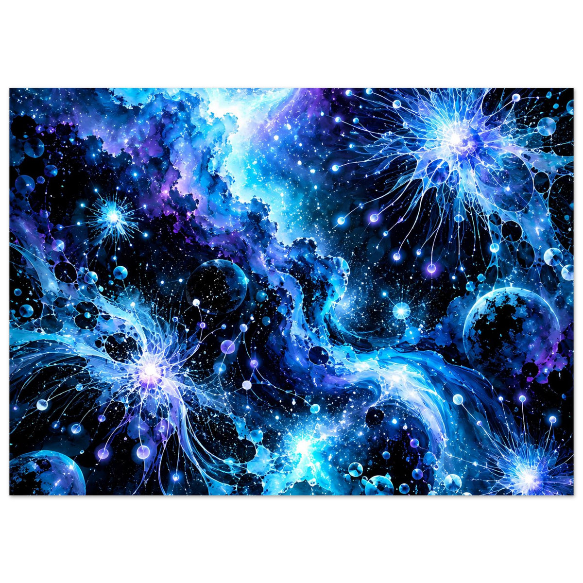 Leuchtendes galaktisches Poster im Querformat mit blauem Galaxie-Muster, funkelnden Punkten und Planeten