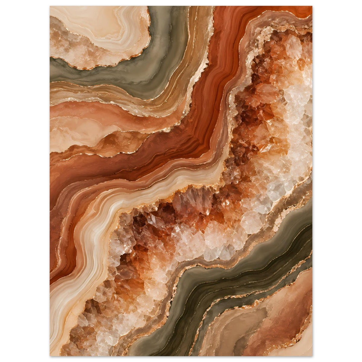 Geoden-Poster mit braun-beigen Geodenschichten, goldenen Kristallbereichen und dunklen Linien