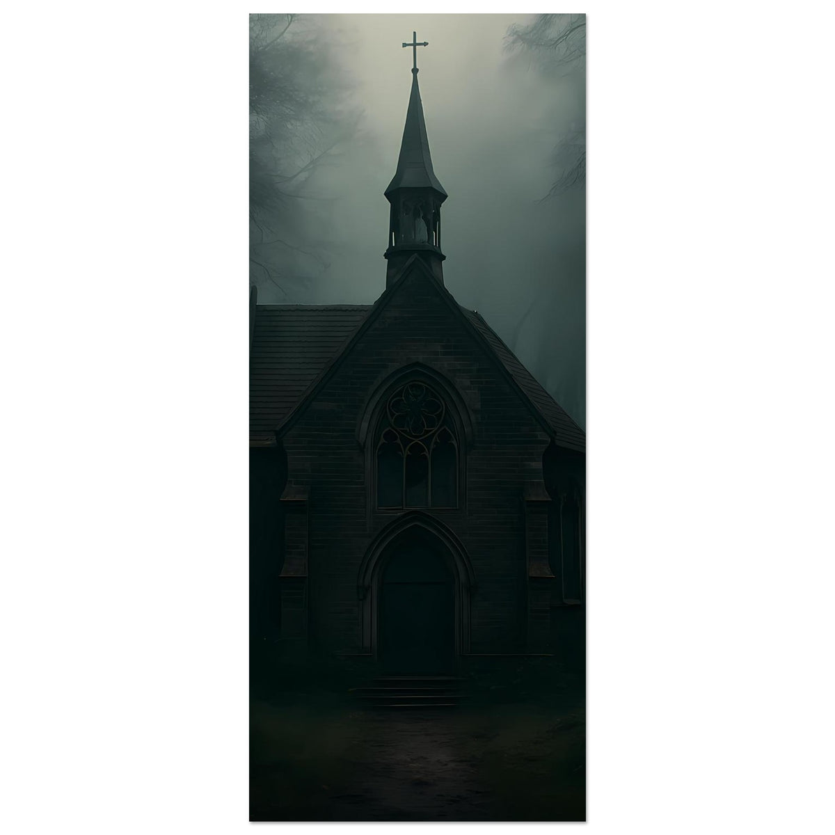 Hochformat-Poster: Kapelle mit Turmkreuz, Giebelfenster und Nebelmotiv