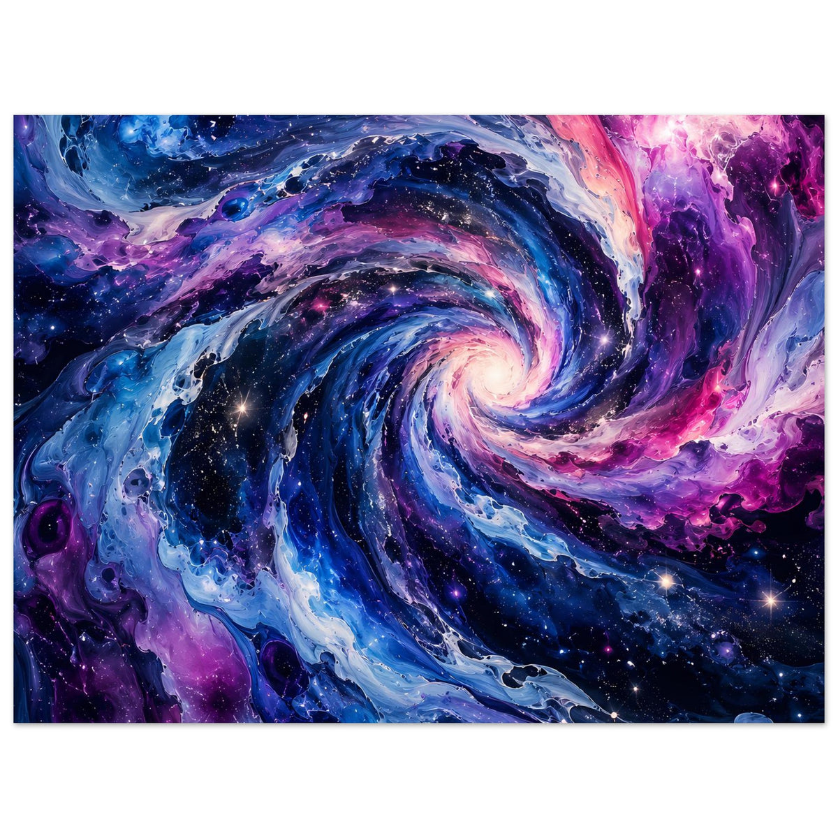 Breites Poster mit Spiralgalaxie, dunkler Weltraumlook, blau-violette Farbverläufe