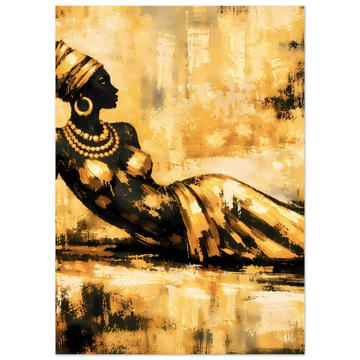 Kunstposter: goldene Frau, schwarze Silhouette mit Perlenkette und goldenen Gewandfalten