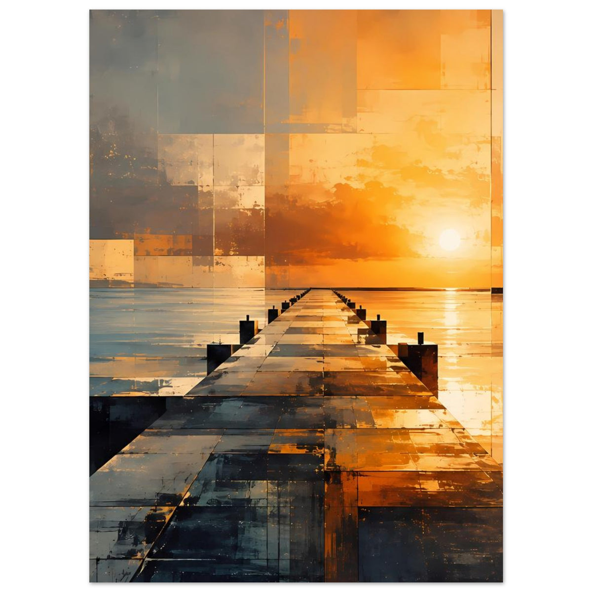 Wandposter mit Pierweg und Lichtglanz auf dem Wasser, Blockmuster in Orange-Grau