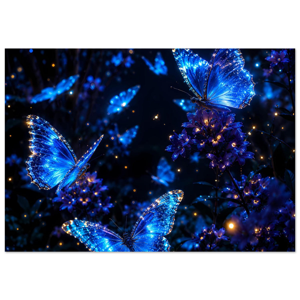Poster mit drei glühenden blauen Schmetterlingen auf blauen Zweigen mit Lichtpunkten