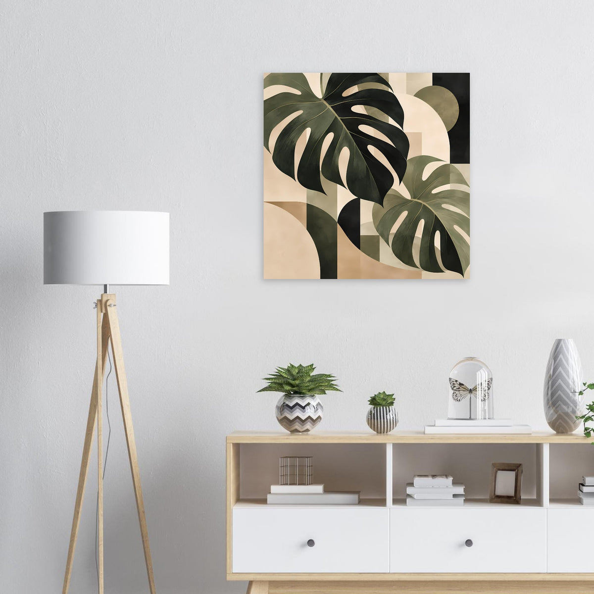 Quadratisches Poster mit abstrakten Monstera-Blättern in Salbeigrün, Beige und Dunkelgrün