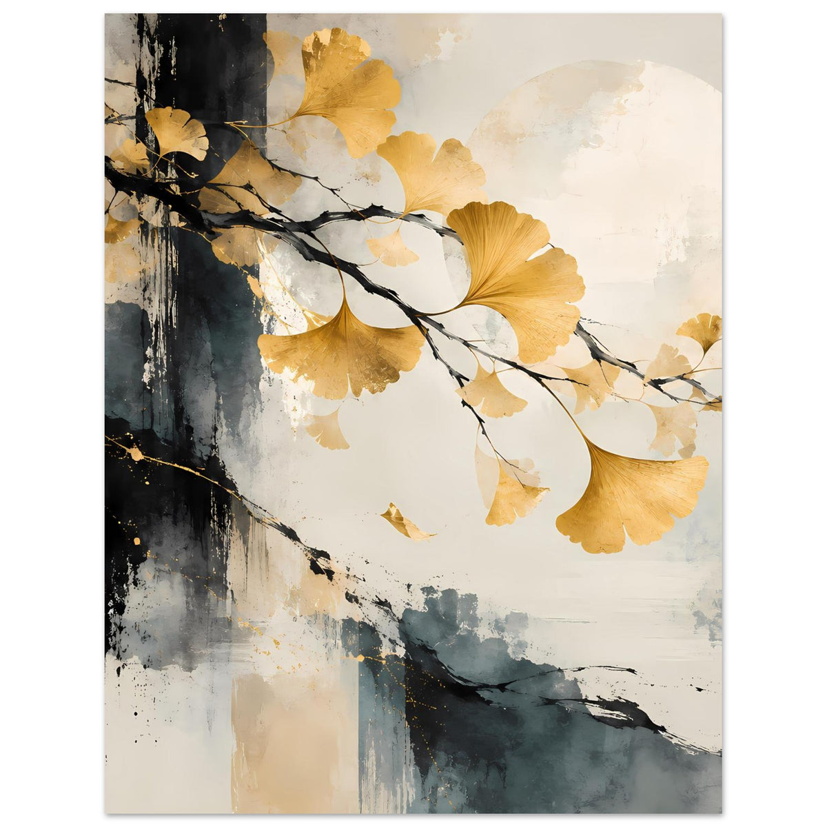 Kunst-Poster: goldene Ginkgoblätter am Ast, abstrakte Aquarellflächen in Beige und Dunkelblau