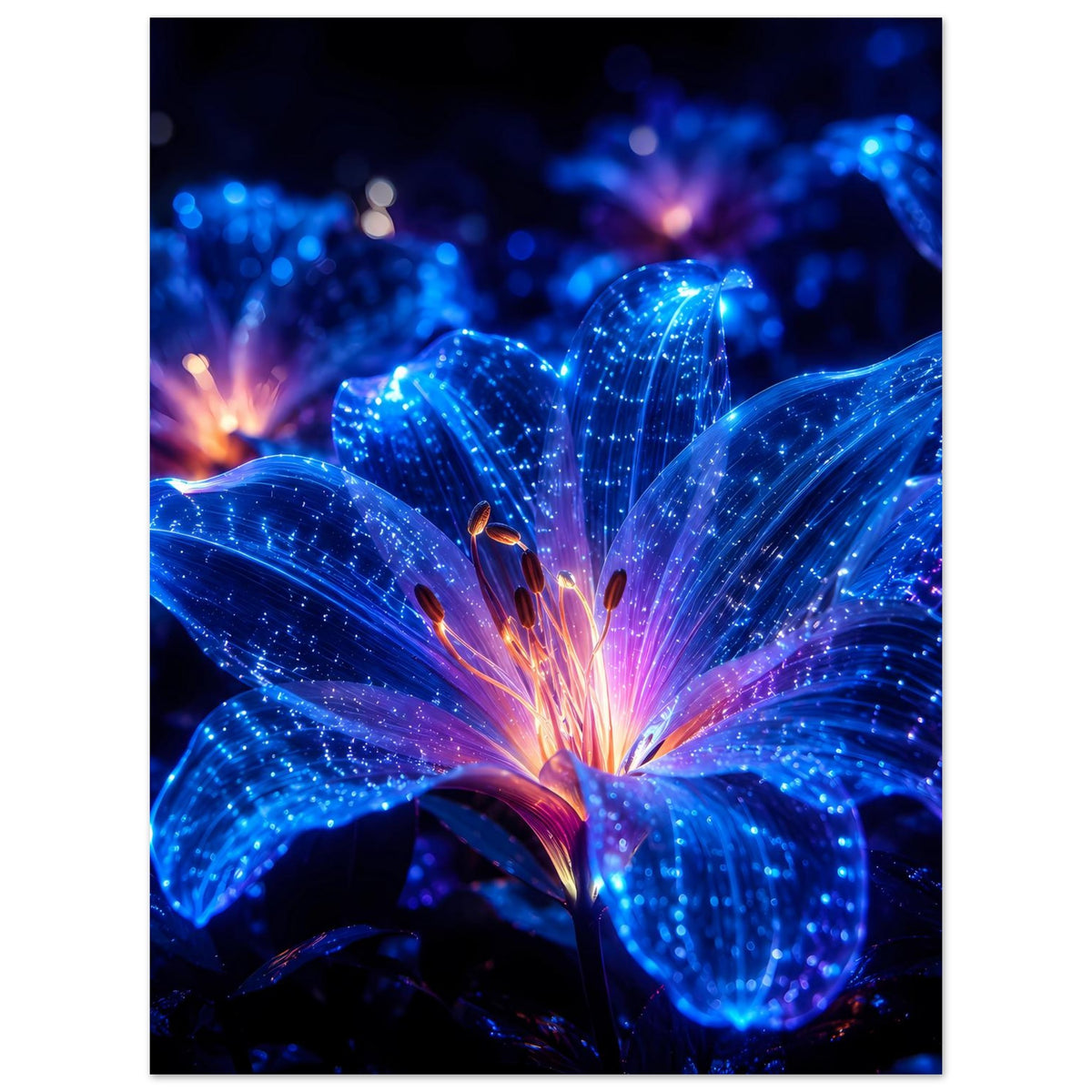 Leuchtendes Blumenposter, vertikal: vollflächige blaue Blüte mit rosa-violettem Farbglühen