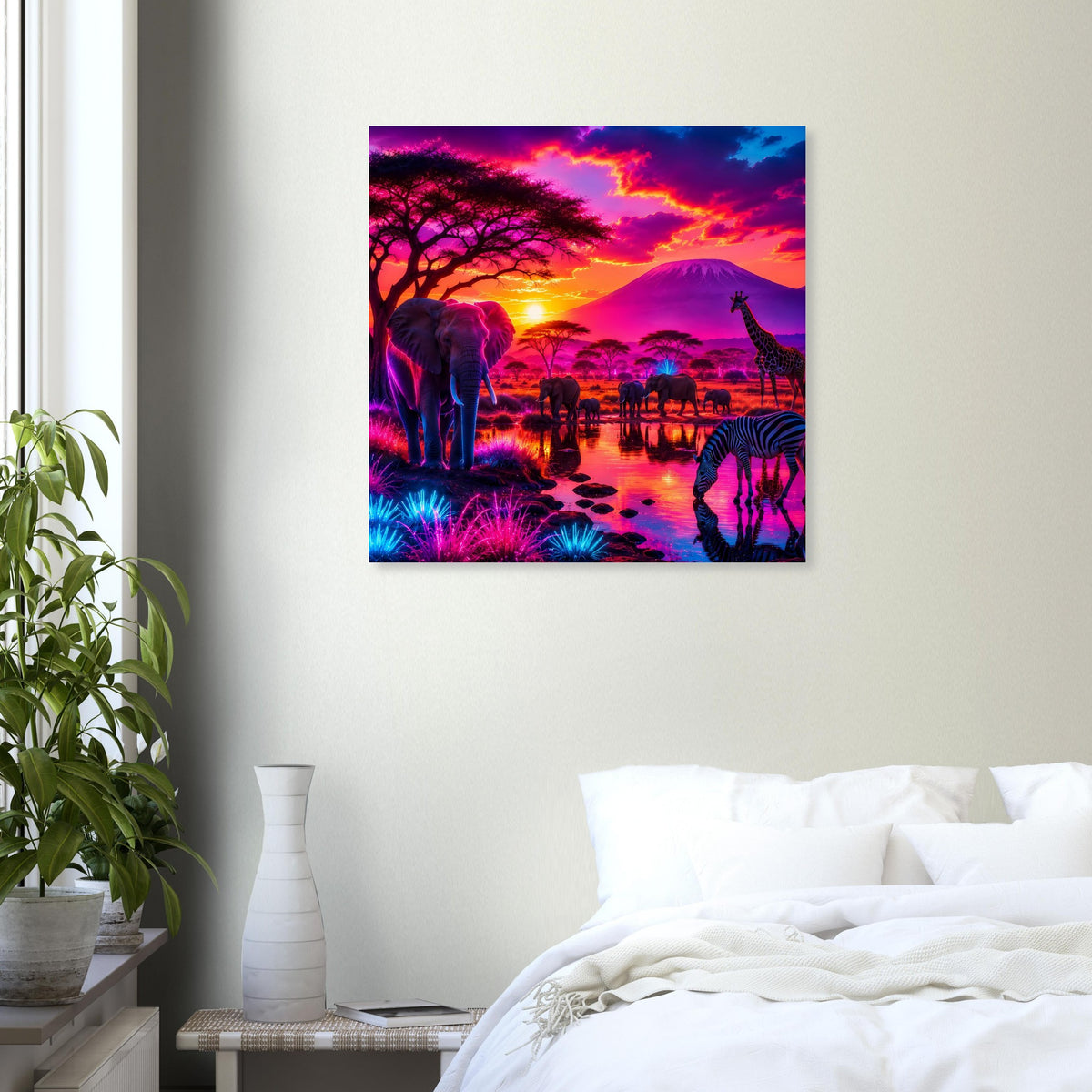 Quadratisches Wandposter mit afrikanischer Tierwelt und farbenfrohem Sonnenuntergang