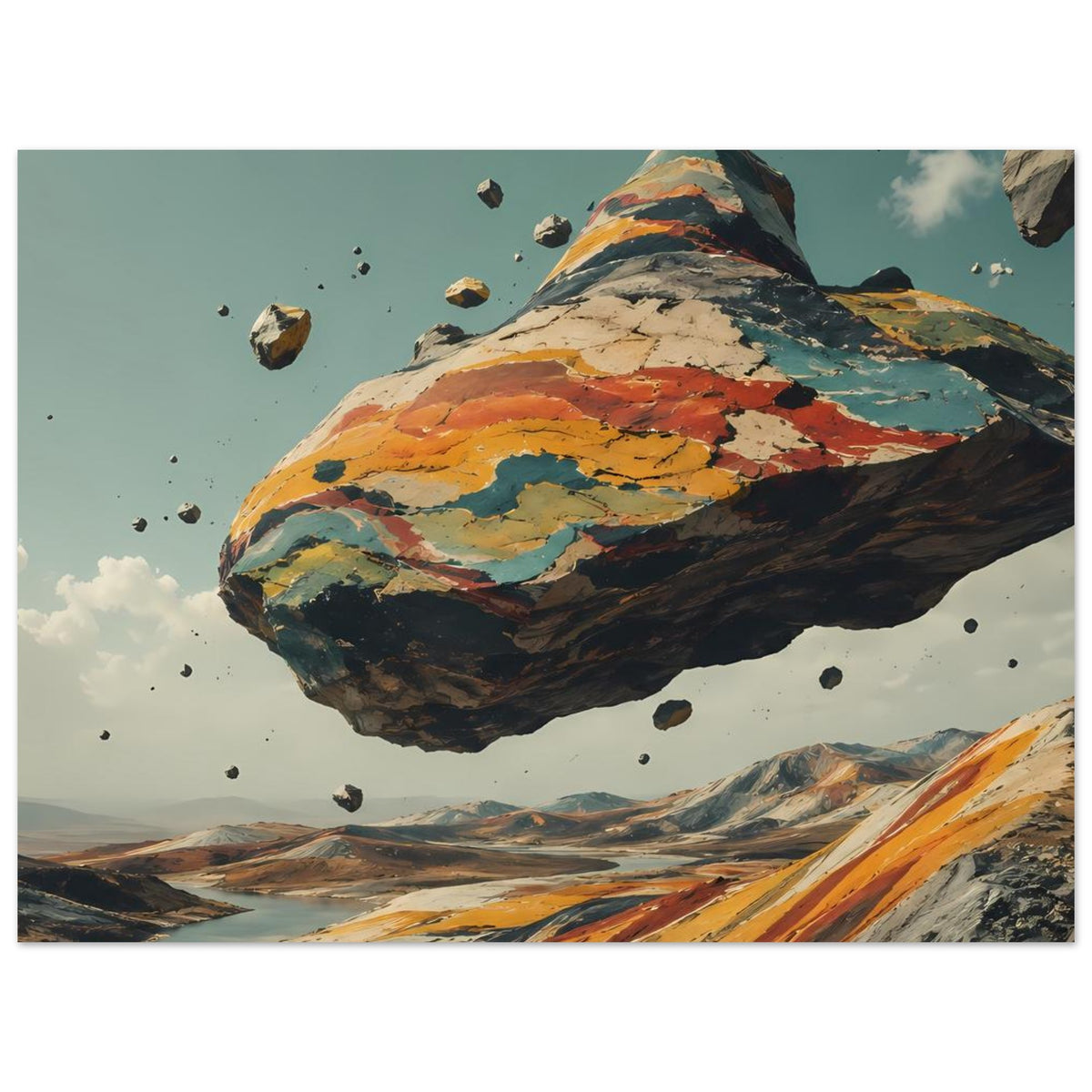 Kunstposter im Querformat mit schwebendem Berg, bunten Farbtönen und fliegenden Felsbrocken