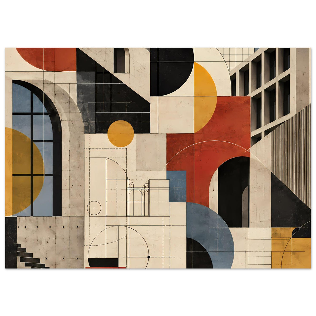 Kunstposter mit geometrischen Gebäudeformen, warmen Terrakotta- und Schieferblau-Flächen