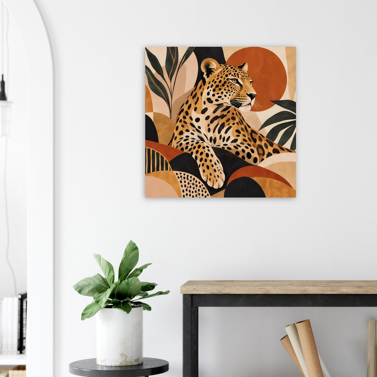 Quadratisches Leoparden-Tierposter mit warmem Orange, braunen Mustern und Blatt-Design