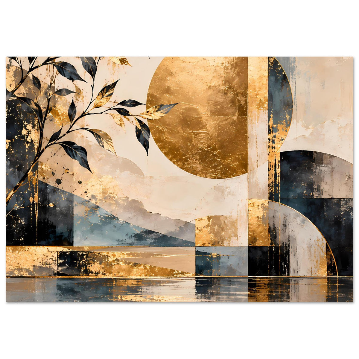 Kunstposter mit goldenen Strukturen, blauen Segmenten, großen Kreisformen und floralen Zweigen