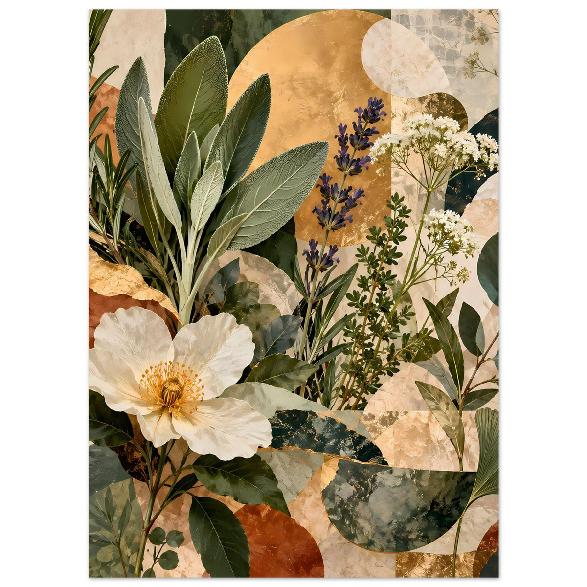 Botanisches Poster: weiße Blüte links, blaue Blüten mittig, grünes Laub vor Kreisform oben