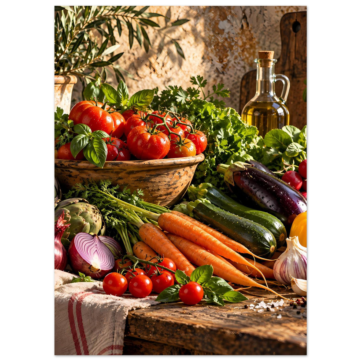 Küchenposter mit Gemüse-Motiv: Tomaten, Karotten, Zucchini, Kräuter, Ölflasche