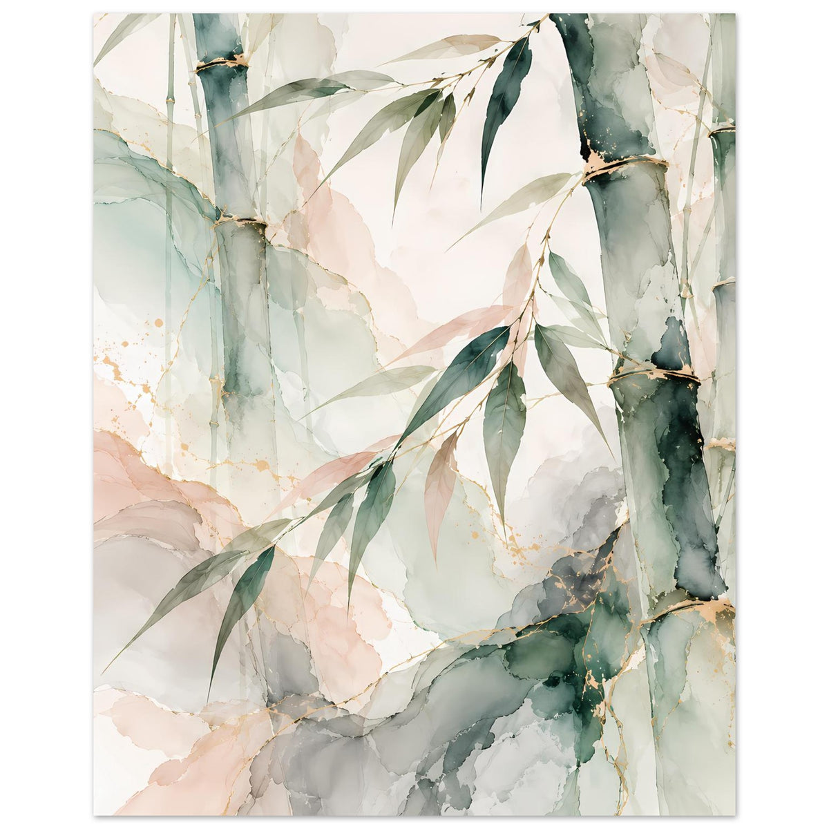 Naturposter mit Aquarell-Bambus und Blättern in Grün- und Pastelltönen, hochkant