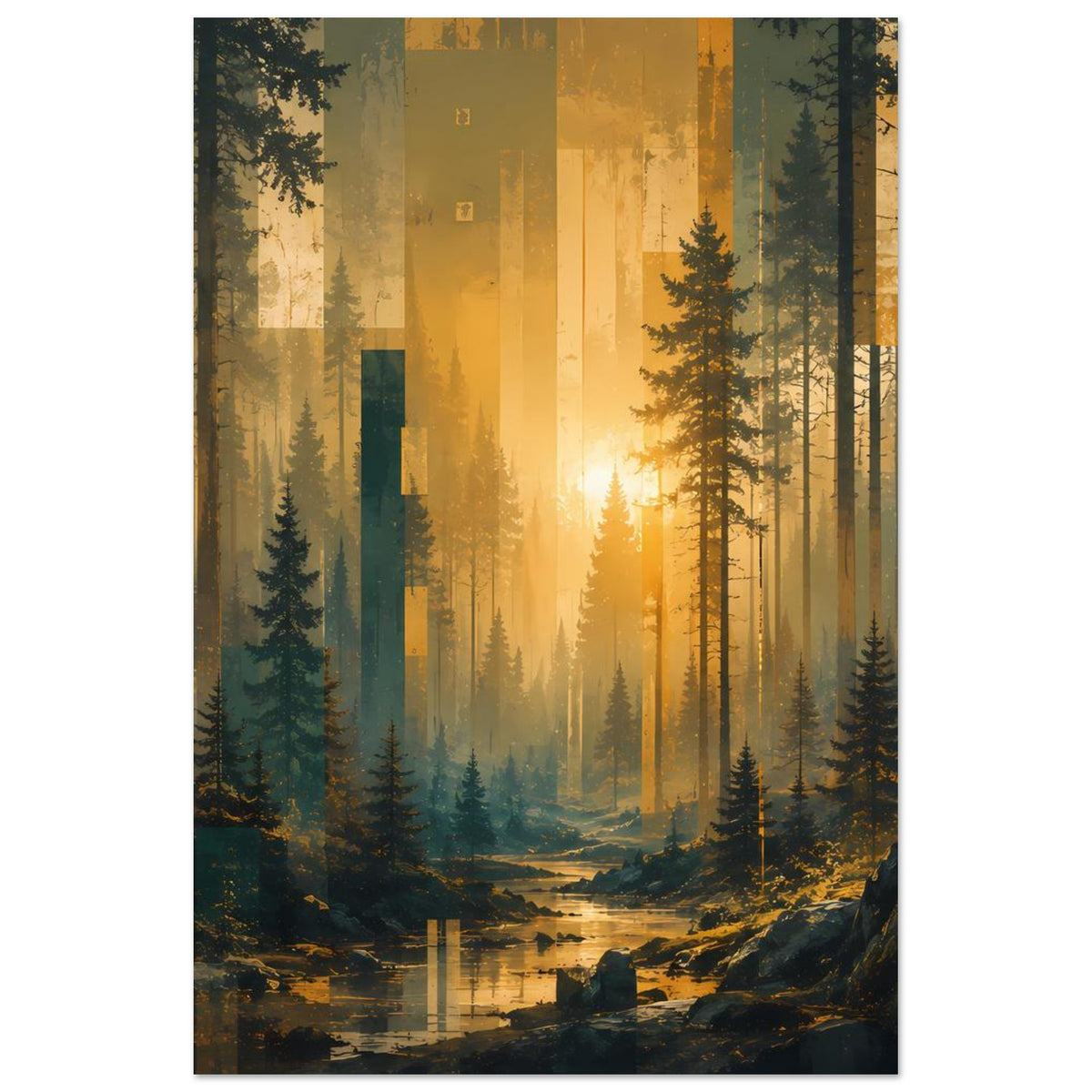 Poster Waldlandschaft mit Sonnenaufgang: Nadelbäume, Nebelstreifen und Bach im Vordergrund