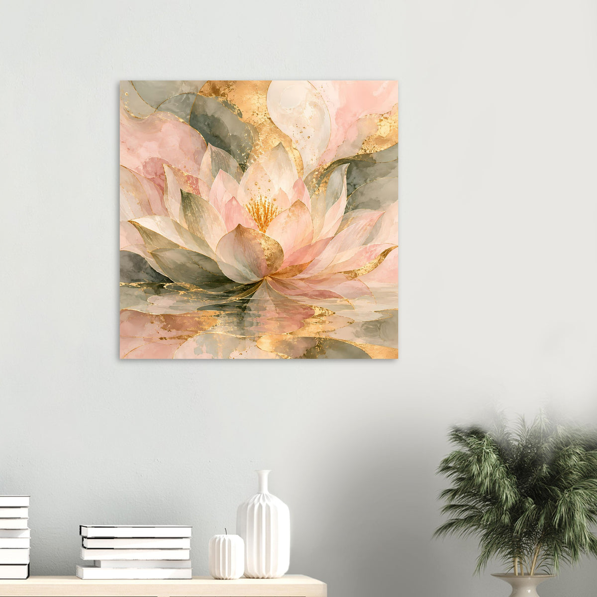 Lotusblüten-Poster in Rosé und Gold, quadratisches Zen-Wandbild