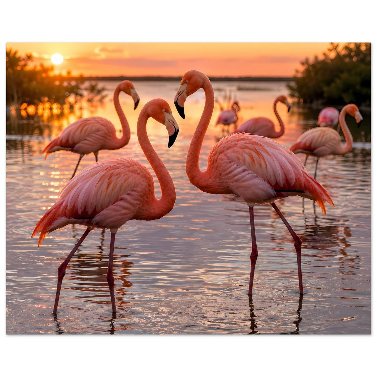 Wandposter mit rosa Flamingos am See, warme Abendstimmung und spiegelndes Wasser
