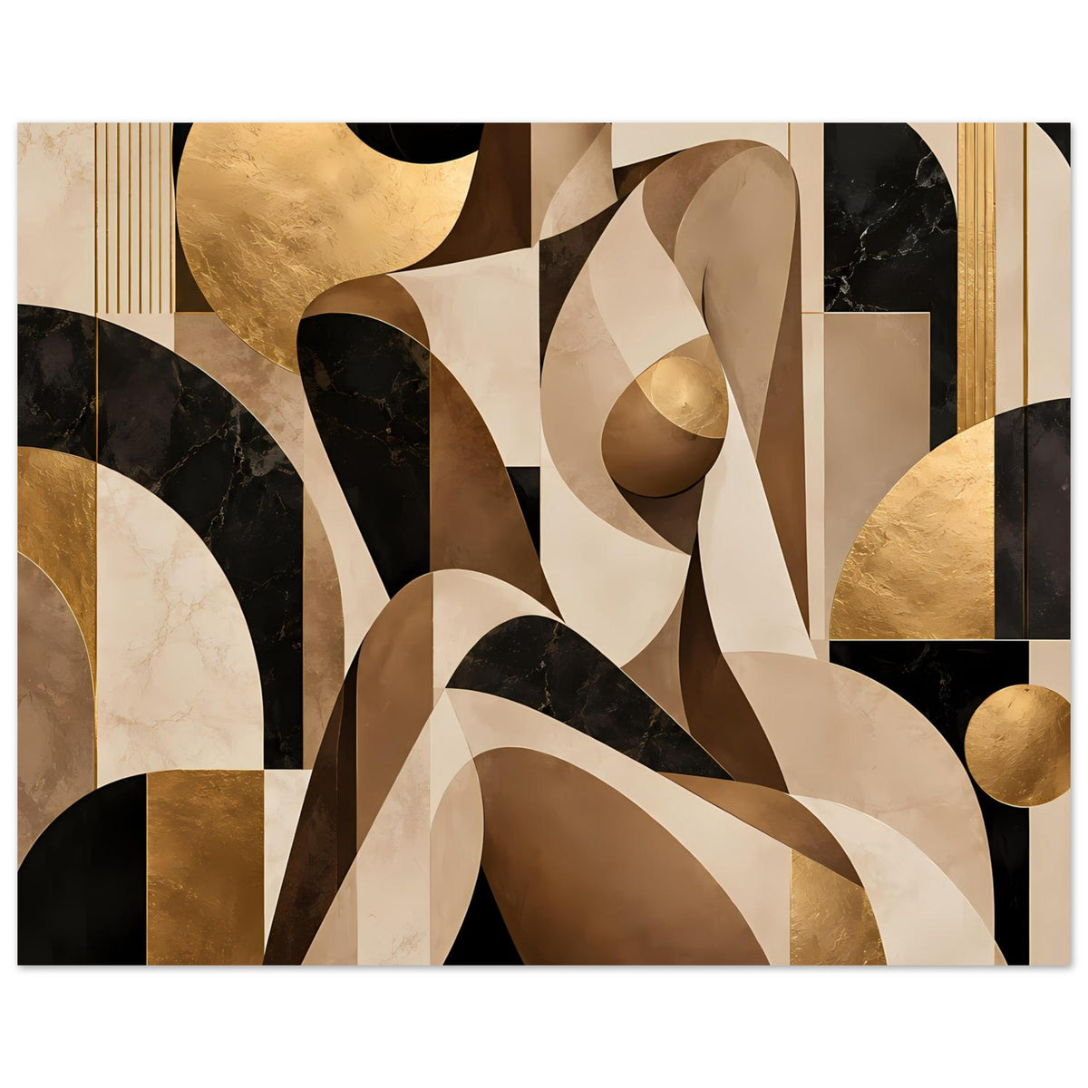 Abstraktes Poster im Querformat mit goldenen Akzenten, beigen Rundungen und schwarzen Balken