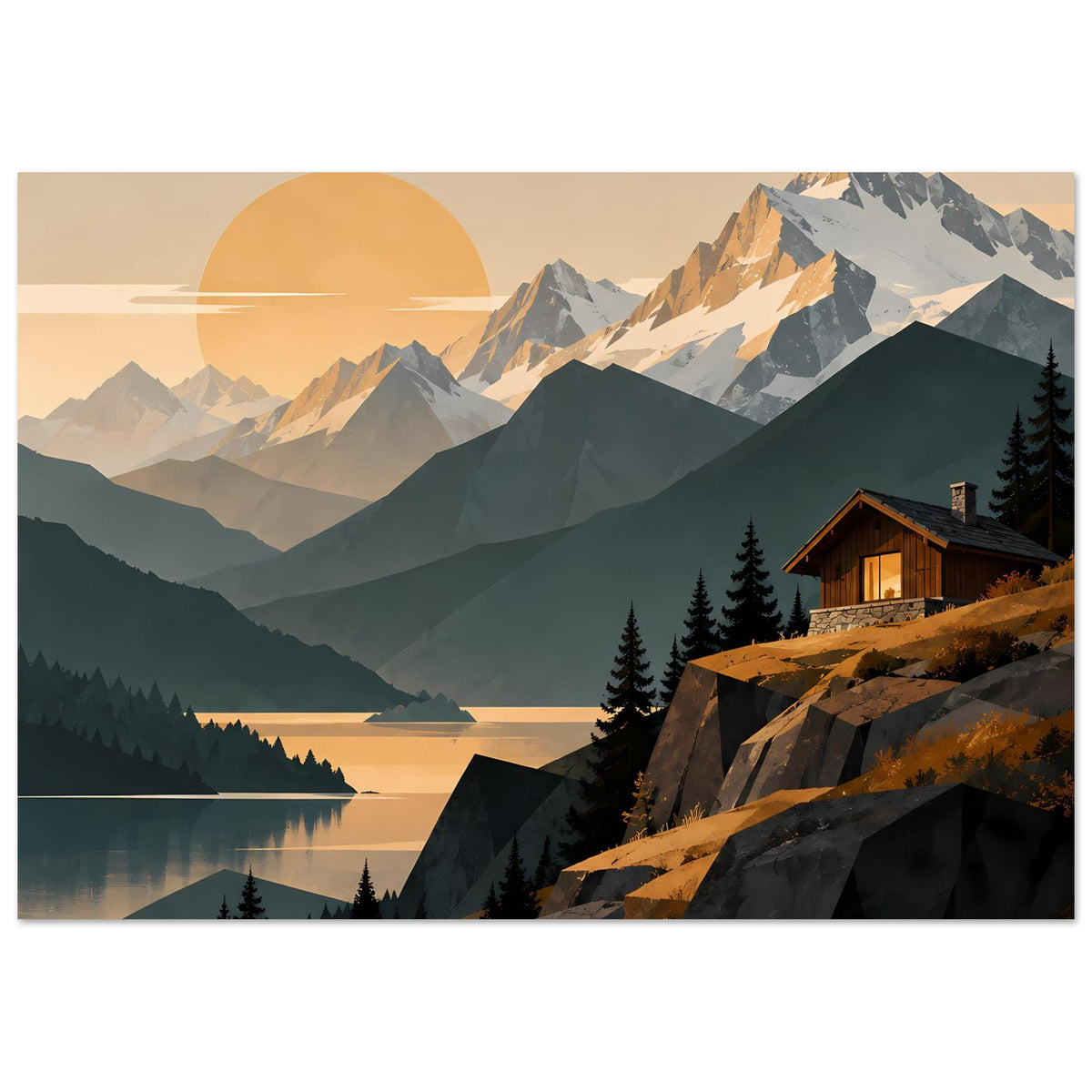 Poster im Querformat: Berge im Dämmerlicht, See mit Spiegelung und Holzhaus