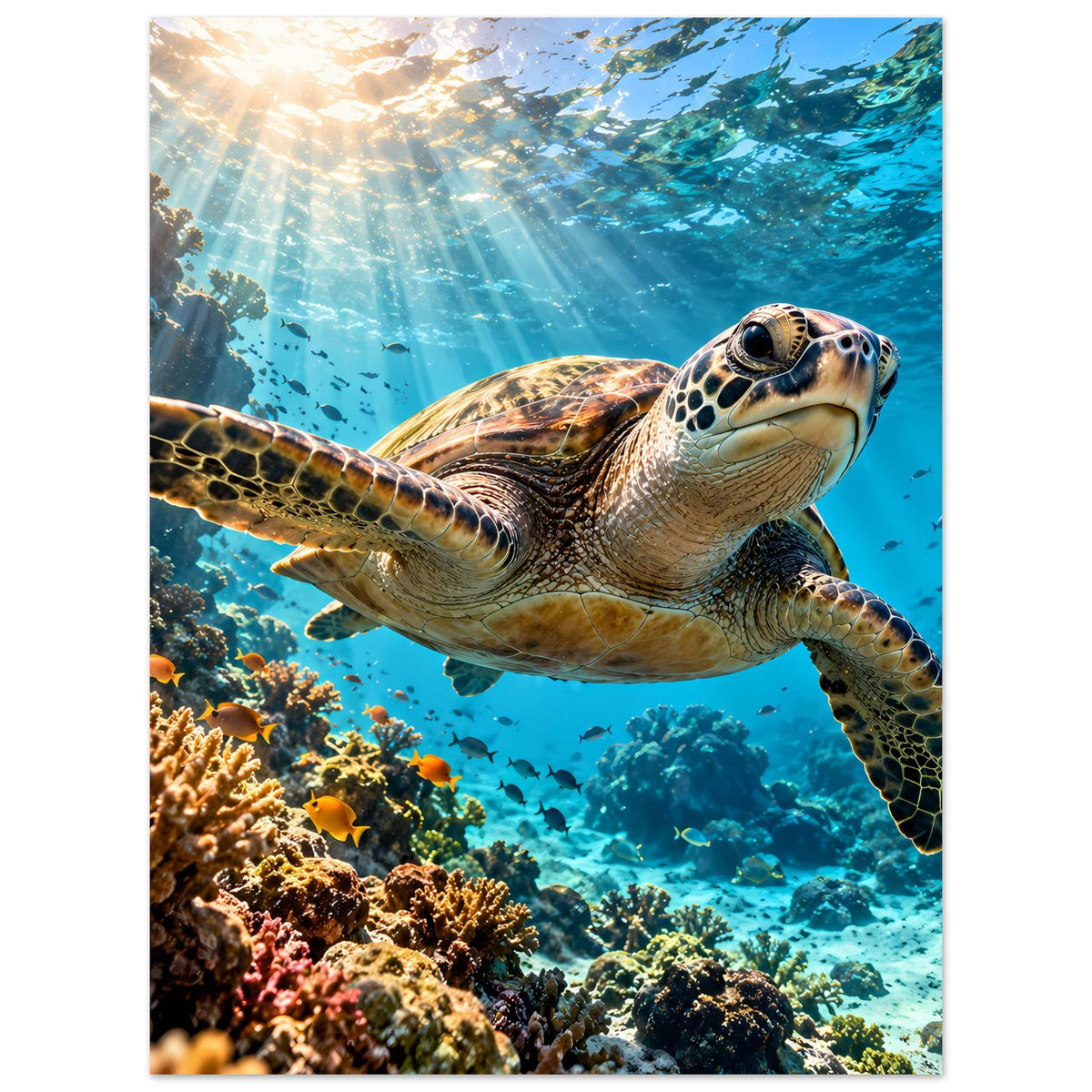 Unterwasser-Schildkrötenposter: Meeresschildkröte mit Flossen ausgestreckt, über Korallen