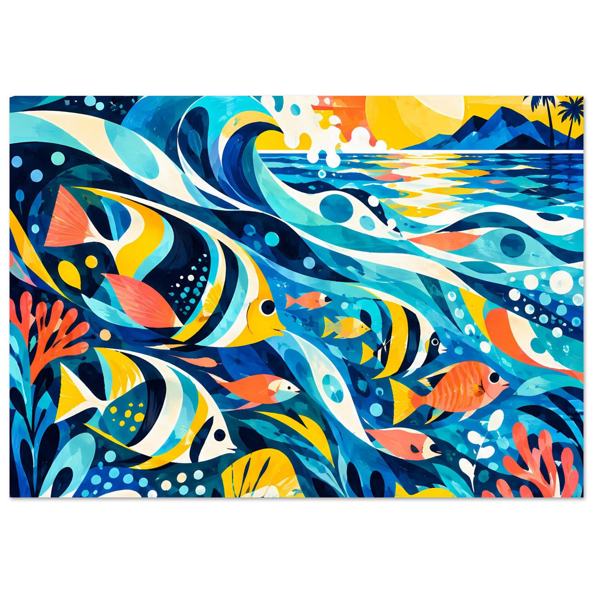 Tropisches Ozeanposter (horizontal) mit bunten Fischen, Wellen und Korallenmeer