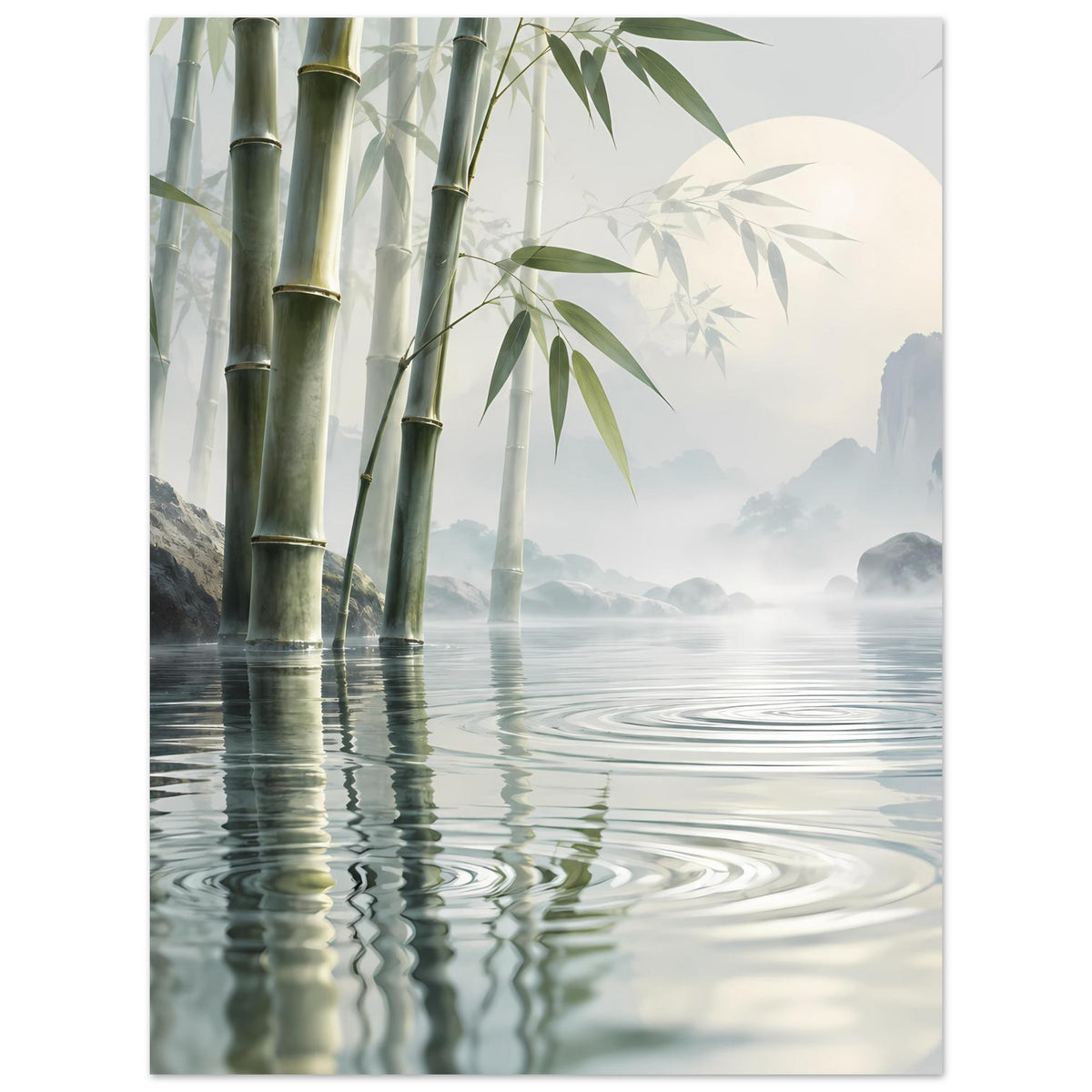Poster im Hochformat mit Bambusrohren, Blattzweigen und Reflexionen im See