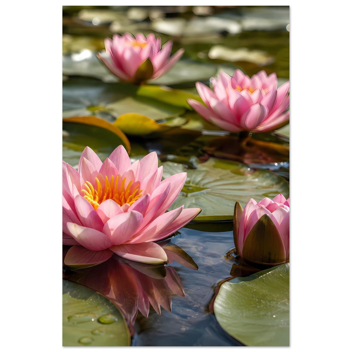 Poster mit rosa Seerosenblüten auf Wasser und grünen Blättern
