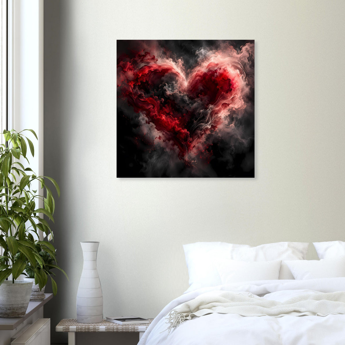 Quadratisches Herz-Wandposter: rotes leuchtendes Rauchherz auf dunklem Hintergrund